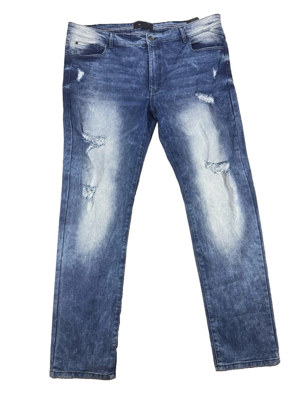 WT02 Men's Distressed Skinny Jeans 42x32 Blue Stretch Denim Ripped Faded